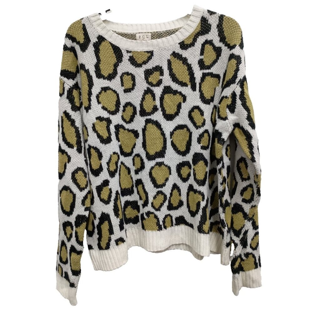 POL BOHO Sweater Womens Size Medium White Black Animal Print Oversized Pullover